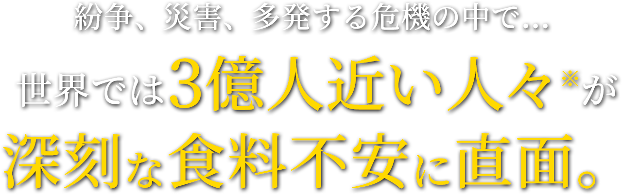 紛争、災害、多発する危機の中で…世界では3億人近い人々※が深刻な食料不安に直面。