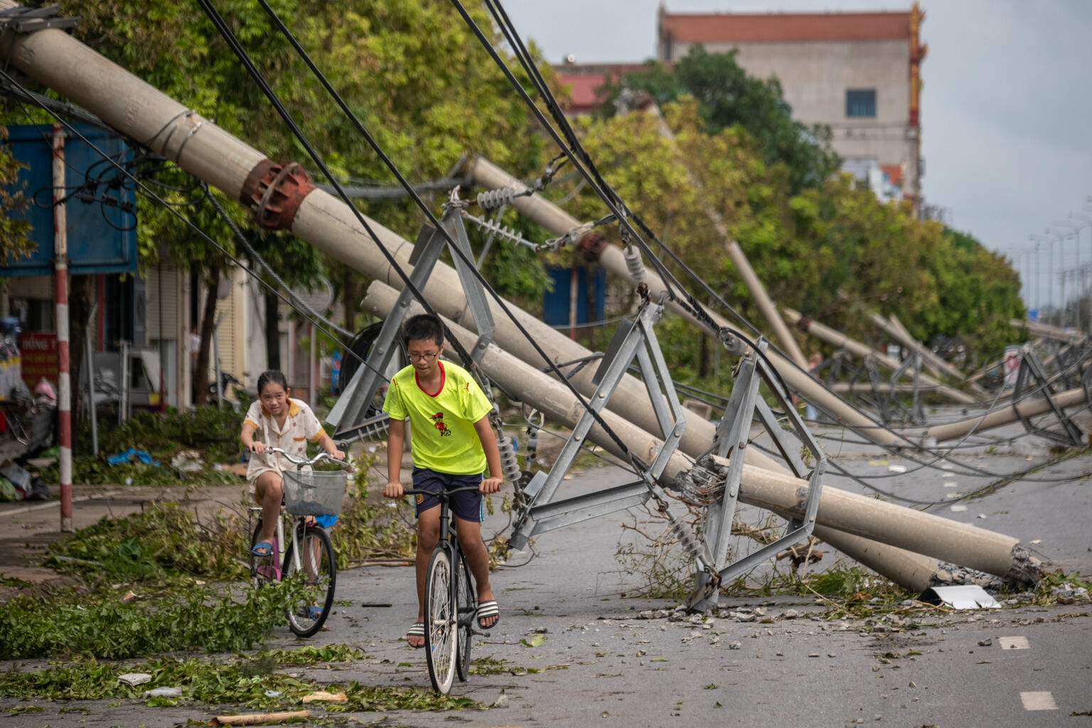 大型の台風11号「ヤギ」の上陸によって電信柱などがなぎ倒されるなどの甚大な被害があった翌日、家に帰宅しようと自転車で移動する子どもたち。（ベトナム、2024 年 9 月 8 日撮影）