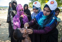 コレラの予防接種を受ける子ども。(2017年10月13日撮影)