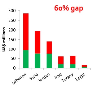 グラフ：シリア緊急支援に必要な資金要請に比べた不足額 60%が不足している（緑：充足分、赤：不足分）
